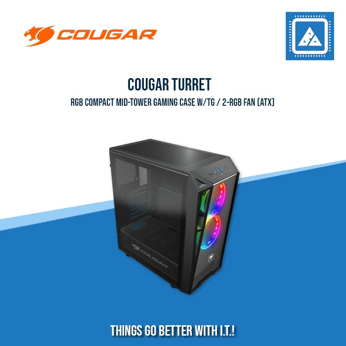COUGAR TURRET RGB BLACK ATX MID TOWER PRO-COOLING COMPACT GAMING CASE WITH TEMPERED GLASS SIDE WINDOW COUGAR TURRET RGB BLACK ATX MID TOWER PRO-COOLING COMPACT GAMING CASE WITH TEMPERED GLASS SIDE WINDOW